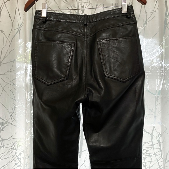 Real genuine leather black high waisted straight leg long pants with pockets - Picture 6 of 14